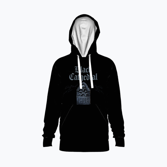 Gotischer Premium-Fullprint-Pullover | Black Cathedral – Gray Silence Grabstein-Hoodie 280 GSM