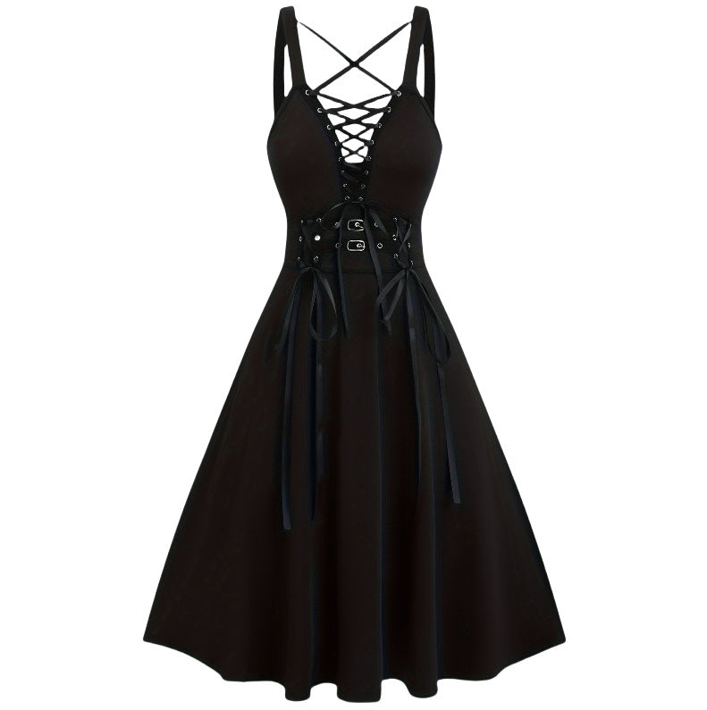 Gotisches Kleid mit Schleifen – Schwarzes Gothic-A-Linien-Kleid mit hoher Taille | Dark Aesthetic Midikleid