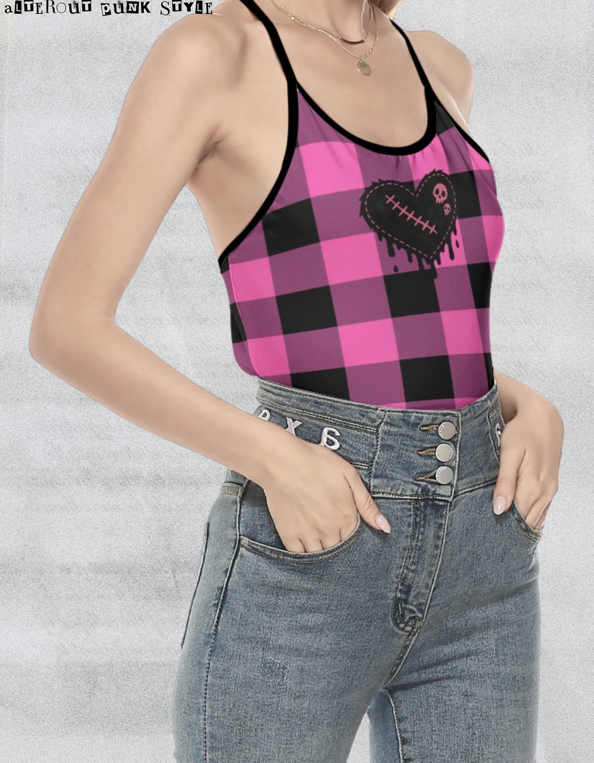 Punk-Tanktop mit pastellrosa Karomuster