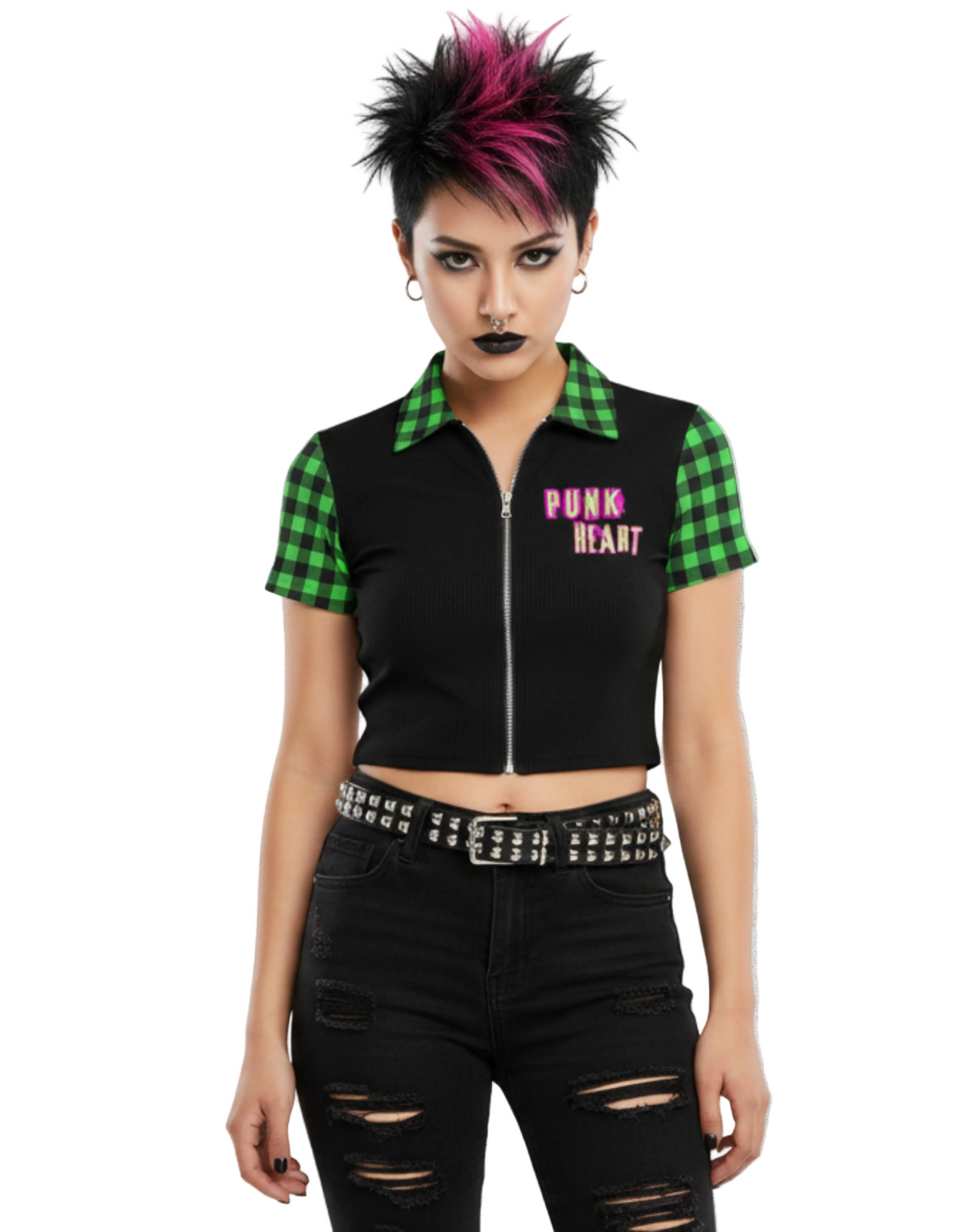 Damen Punk Zip Crop Top Abstract Chaotic Manifesto - Toxic Green