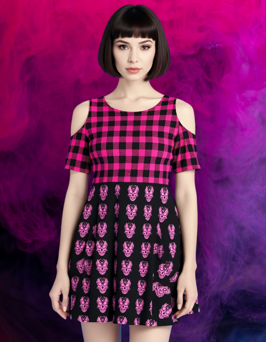 Baumwollkleid Pastel Goth Tartan & Skulls