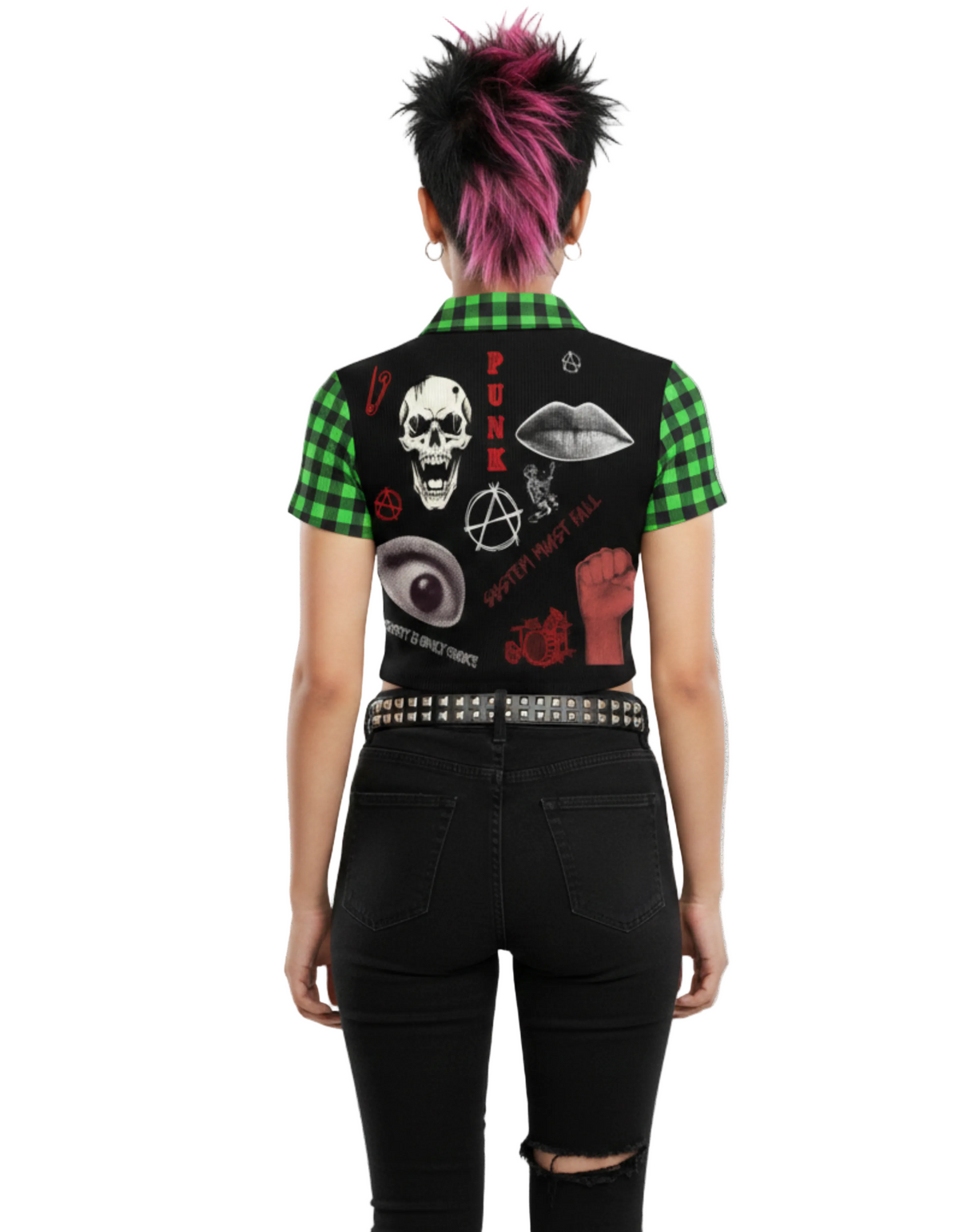 Damen Punk Zip Crop Top Abstract Chaotic Manifesto - Toxic Green