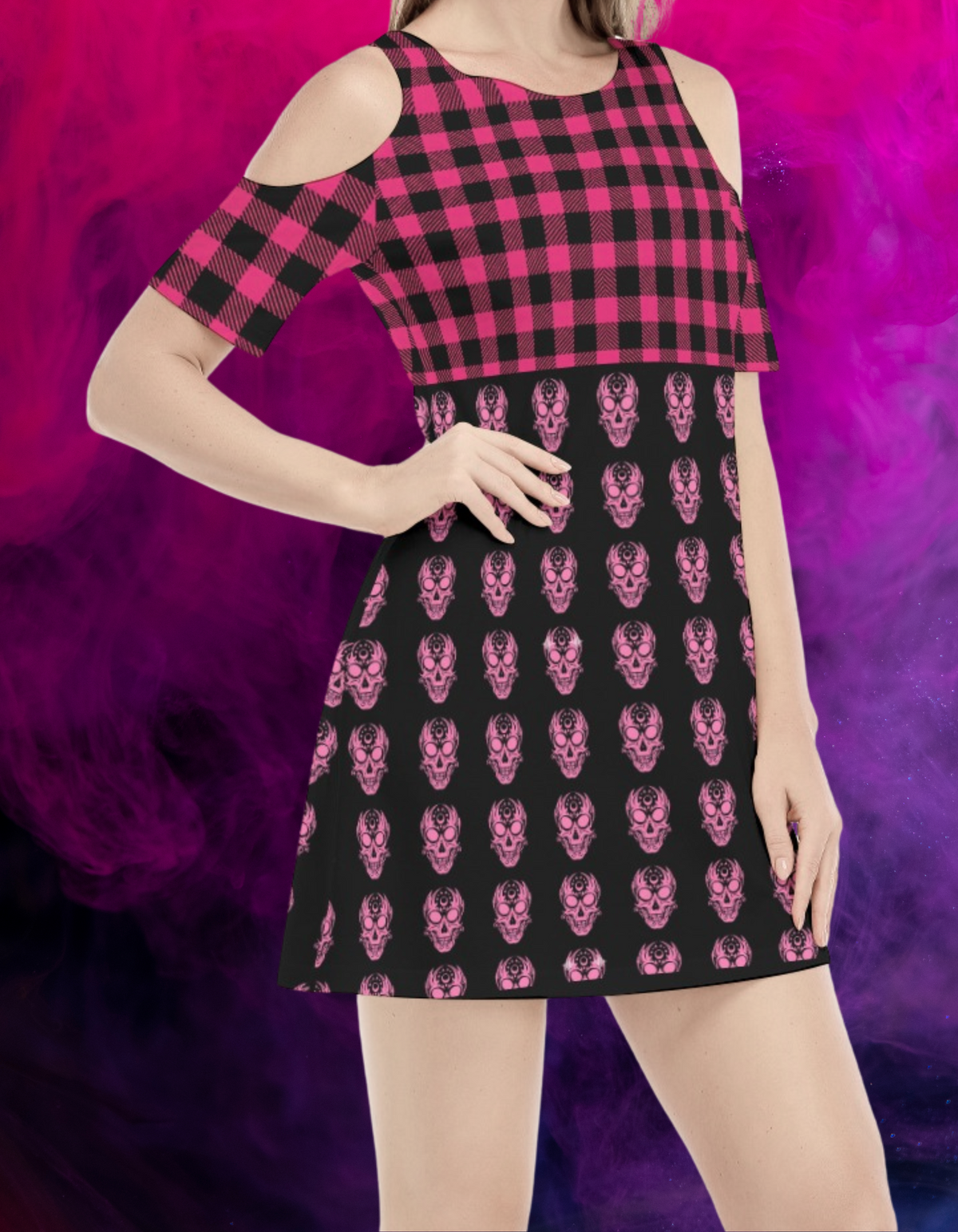 Baumwollkleid Pastel Goth Tartan & Skulls