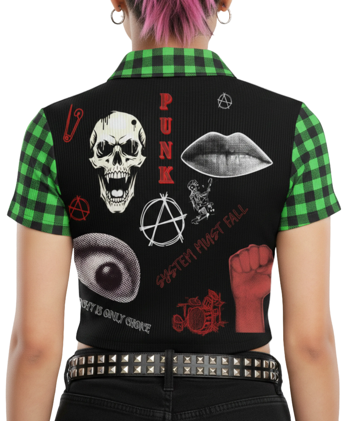 Damen Punk Zip Crop Top Abstract Chaotic Manifesto - Toxic Green