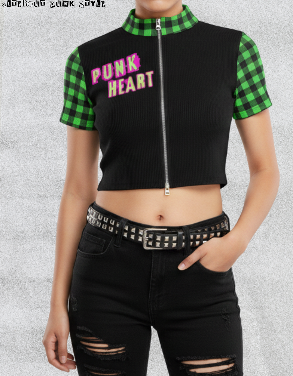Damen Punk Zip Crop Top Abstract Chaotic Manifesto - Toxic Green
