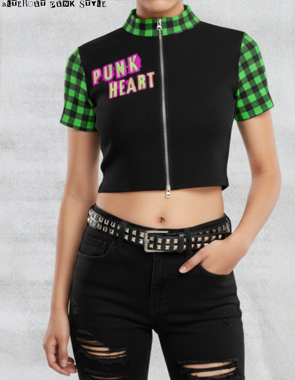 Damen Punk Zip Crop Top Abstract Chaotic Manifesto - Toxic Green