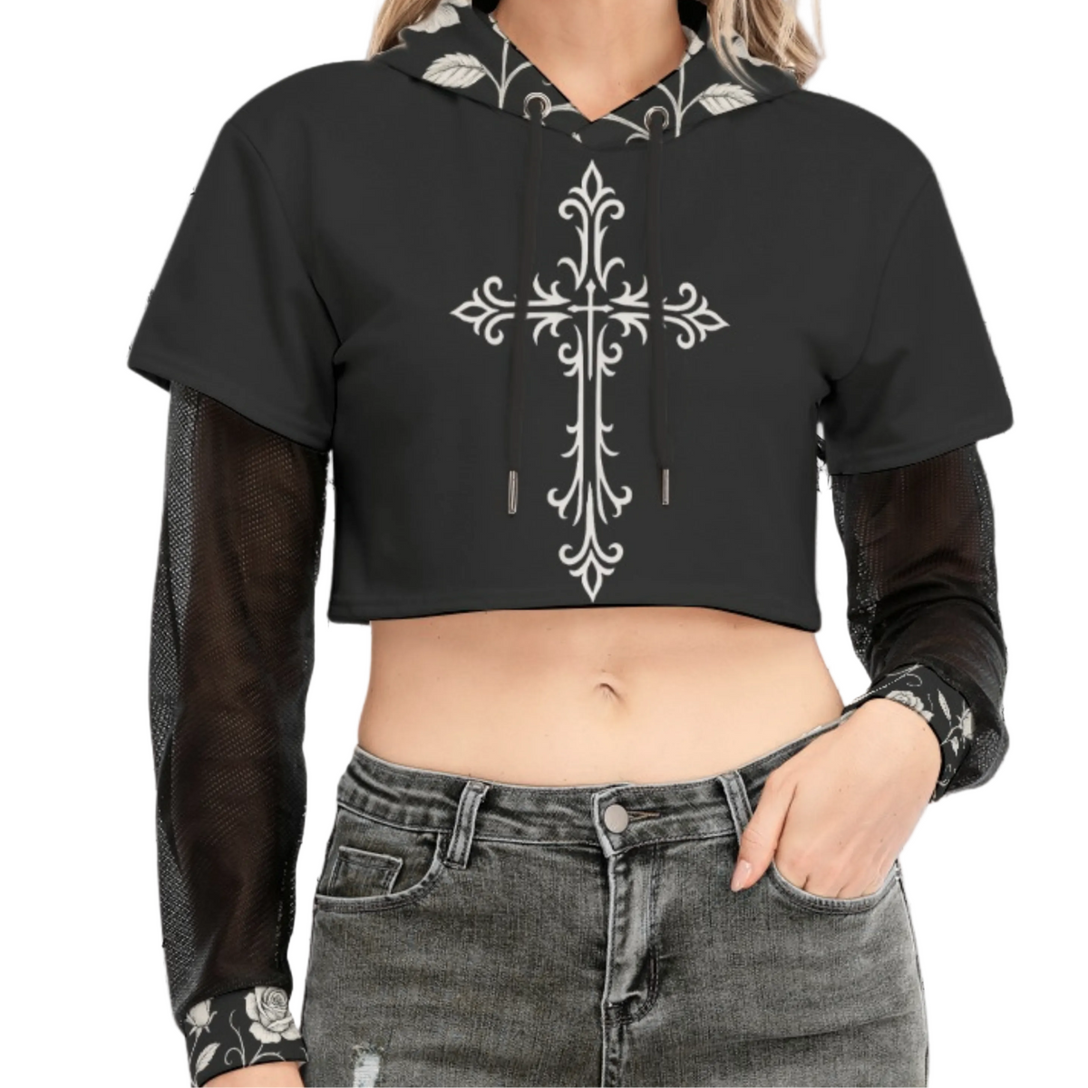 Gotisches Crop-Sweatshirt mit Netzärmeln Dark Garden