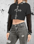 Gotisches Crop-Sweatshirt mit Netzärmeln Dark Garden