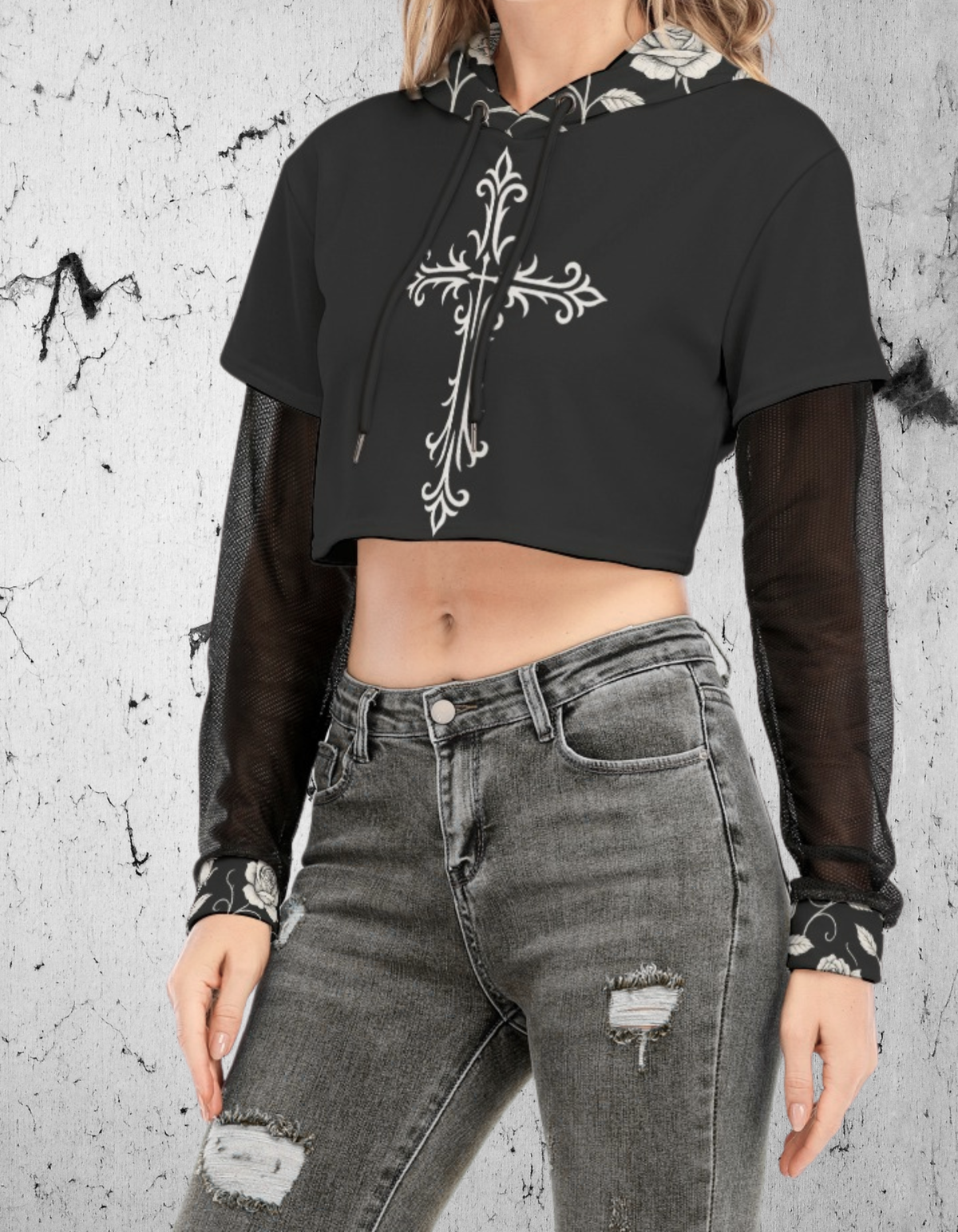 Gotisches Crop-Sweatshirt mit Netzärmeln Dark Garden