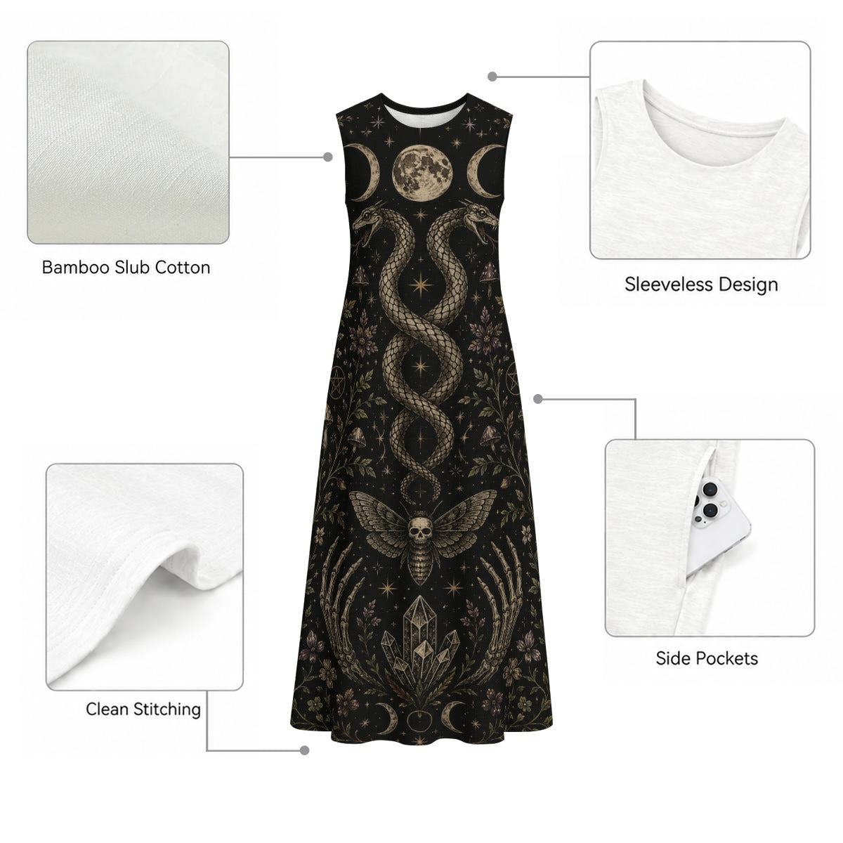 Wicca Maxi-Kleid mit Taschen – Witchcore Sommerkleid 100% Baumwolle | Whimsigoth |