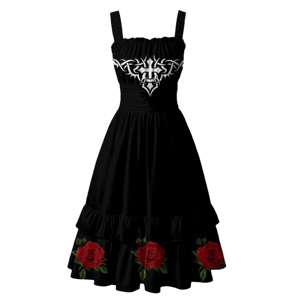 Gotisches Kleid Rose & Pain Cross | Schwarzes Kleid mit Rosen, Kreuz und Rüschen