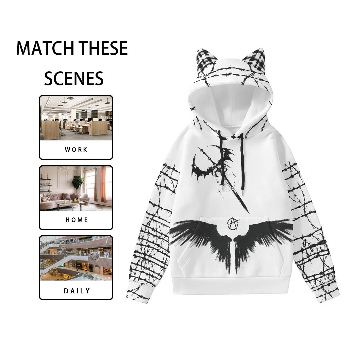Damen-Sweatshirt Grunge Goth mit Katzenohren | Anarchy Cat Escape | 230 GSM