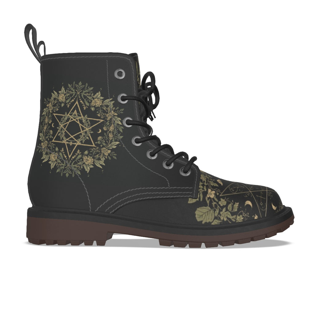 Gotische Stiefel Occult Botanical – wiccańskie Symbole und Flora | Premium-Kunstleder | Witchy Alt Fashion