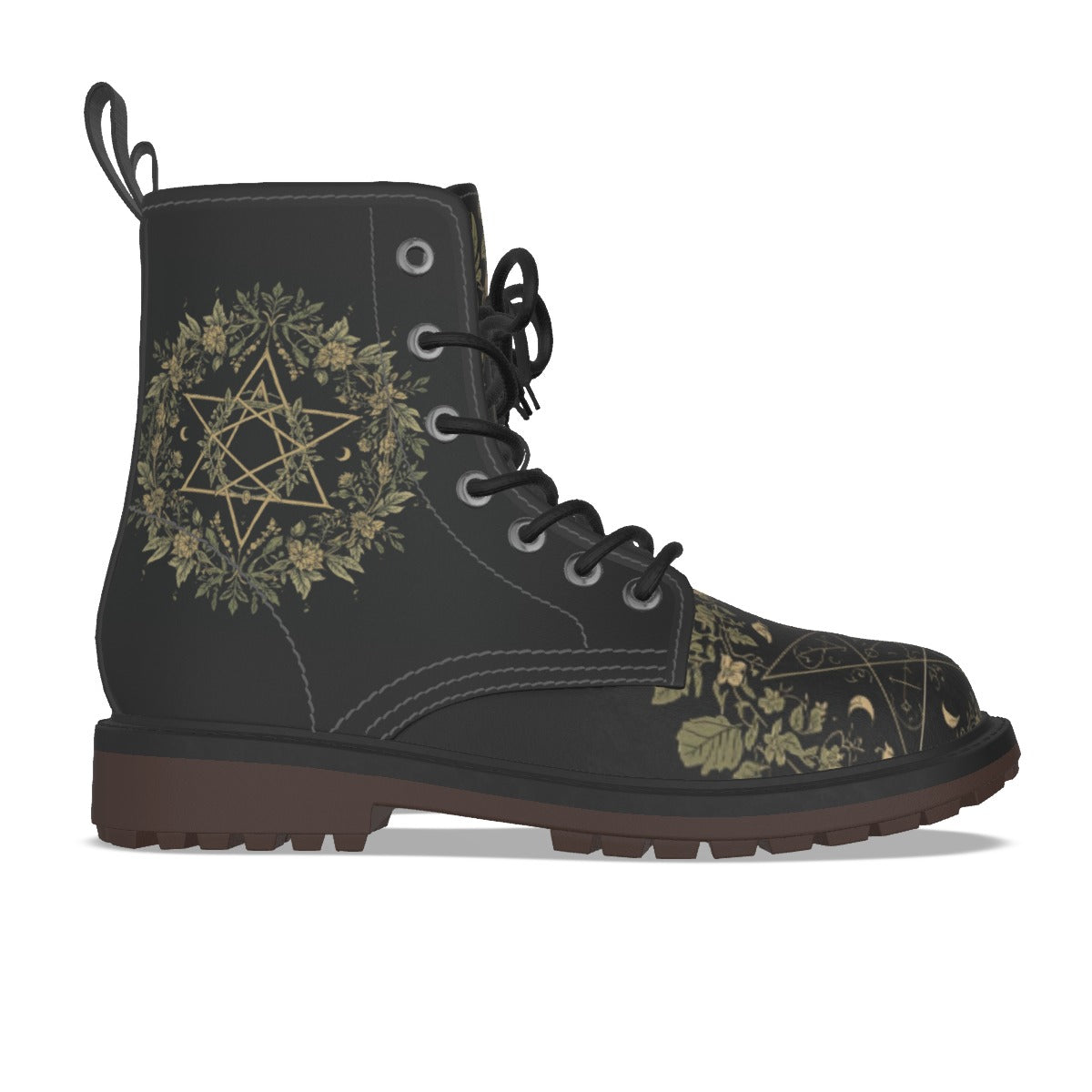 Gotische Stiefel Occult Botanical – wiccańskie Symbole und Flora | Premium-Kunstleder | Witchy Alt Fashion