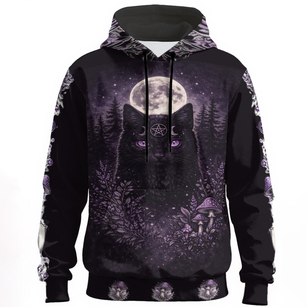 Baumwoll-Hoodie 310g Mystic Familiar – Wicca-Katze und Mond | Schwerer Witchcraft-Hoodie