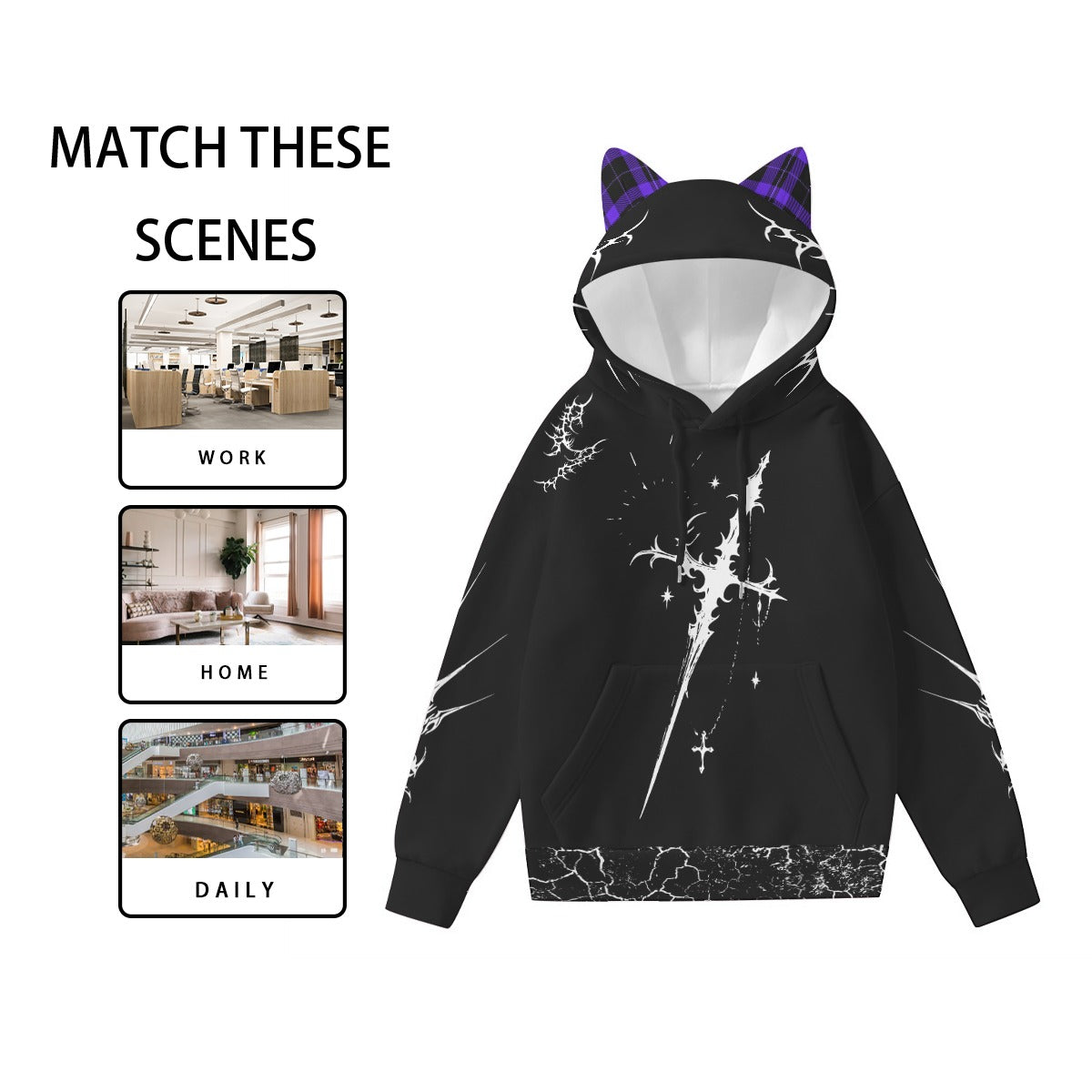 Gotischer Harajuku-Hoodie mit Ohren | Skelettrücken – 230 GSM