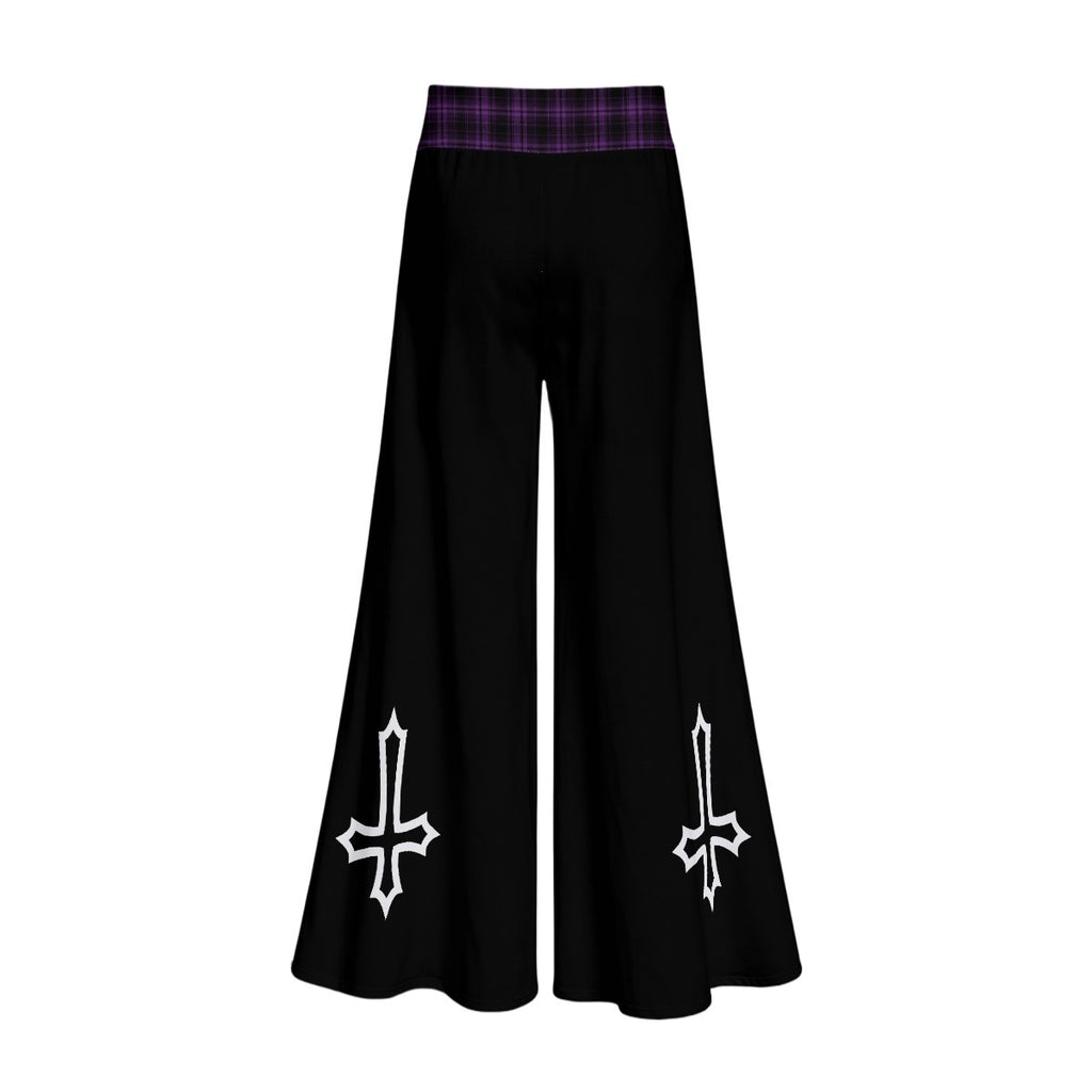 Gotische Damen-Hose mit weitem Bein | Witchcore Mond & Fledermäuse – Schwarze weite Alternativ-Hose
