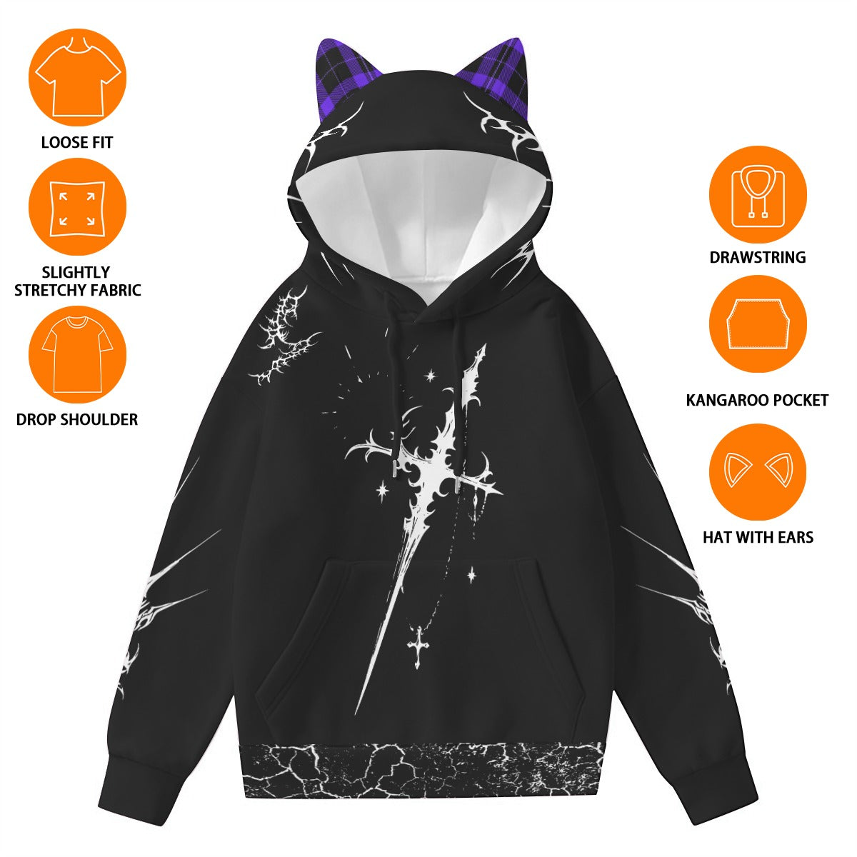 Gotischer Harajuku-Hoodie mit Ohren | Skelettrücken – 230 GSM