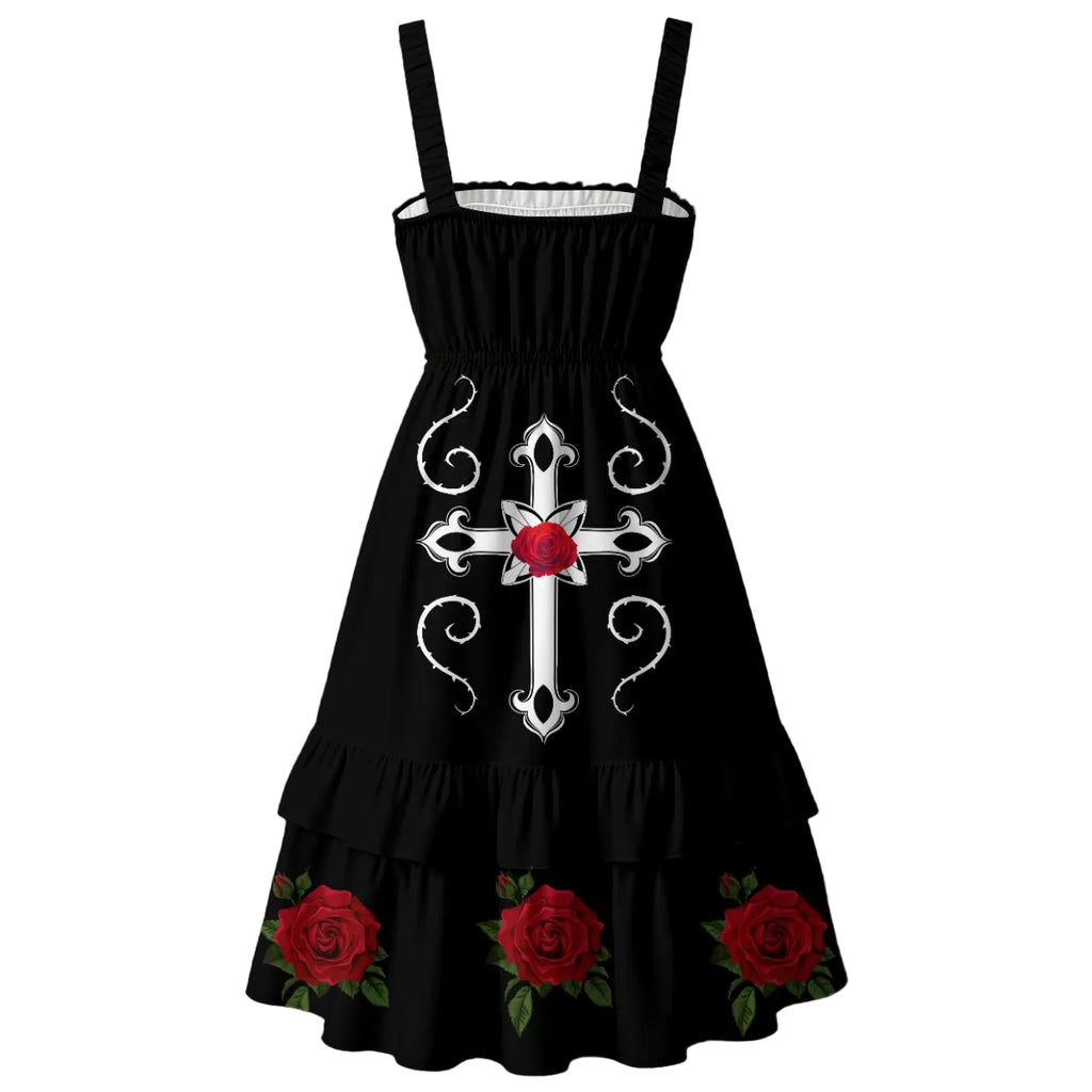 Gotisches Kleid Rose & Pain Cross | Schwarzes Kleid mit Rosen, Kreuz und Rüschen
