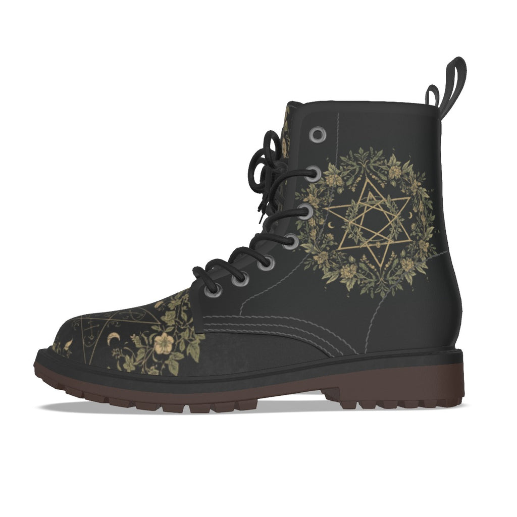Gotische Stiefel Occult Botanical – wiccańskie Symbole und Flora | Premium-Kunstleder | Witchy Alt Fashion