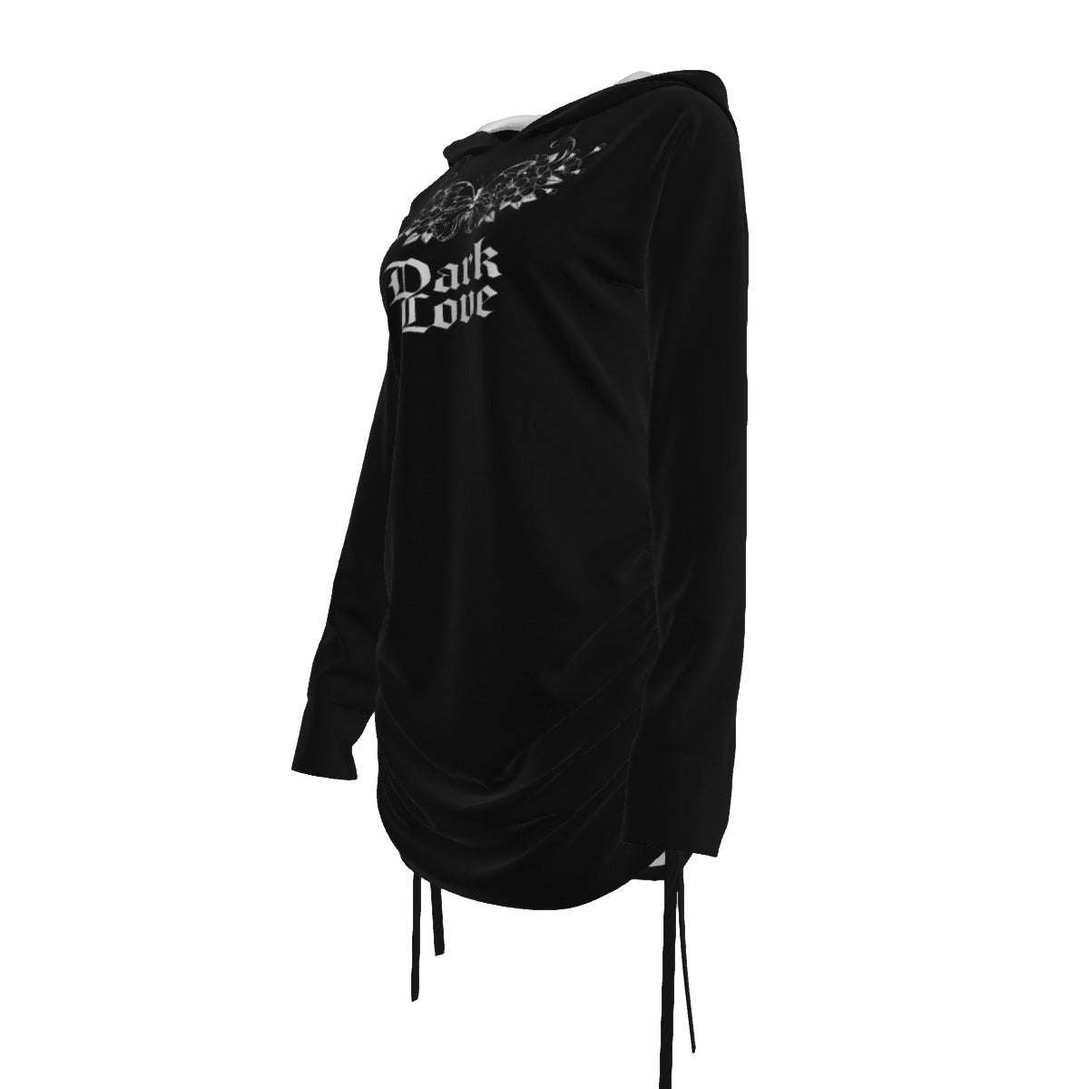 Gotisches Hoodie-Kleid Dark Love – Asymmetrisches Kleid mit Kapuze, freier Schulter und Aufdruck | Gothic | Darkwear | Alternative Fashion