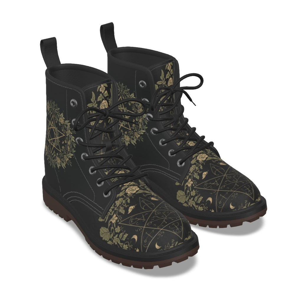Gotische Stiefel Occult Botanical – wiccańskie Symbole und Flora | Premium-Kunstleder | Witchy Alt Fashion