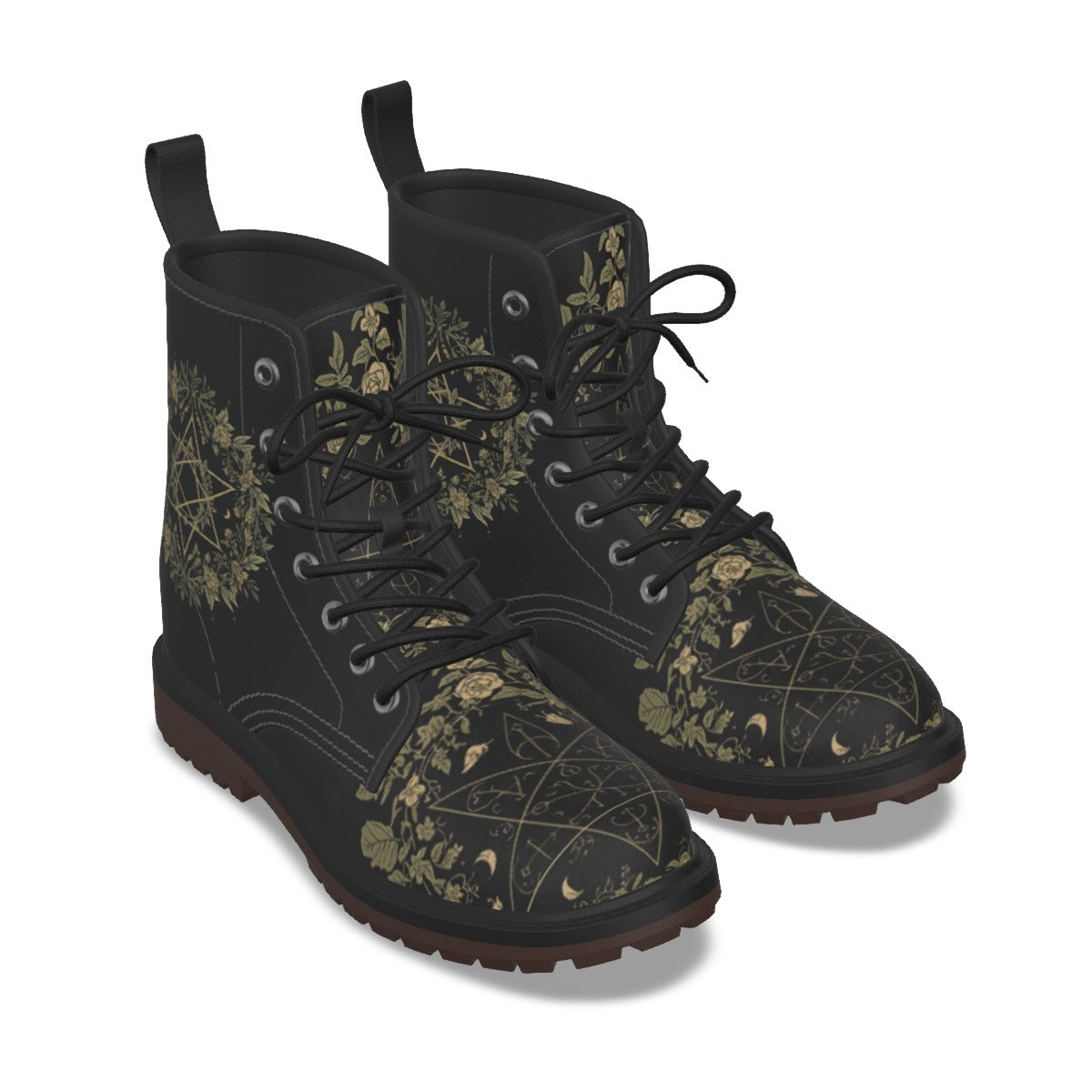Gotische Stiefel Occult Botanical – wiccańskie Symbole und Flora | Premium-Kunstleder | Witchy Alt Fashion