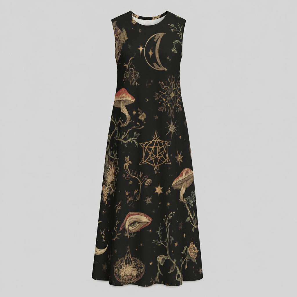 Whimsigoth Damen-Maxikleid | Moonlit Ritual Garden – Witchcore & Dark Cottage Baumwollkleid