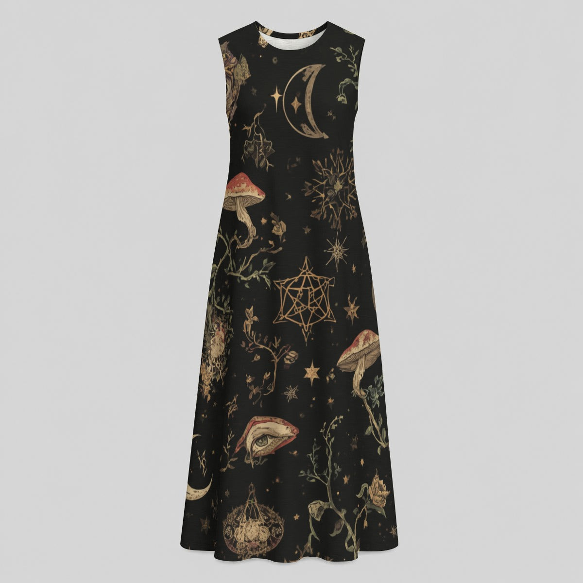 Whimsigoth Damen-Maxikleid | Moonlit Ritual Garden – Witchcore & Dark Cottage Baumwollkleid