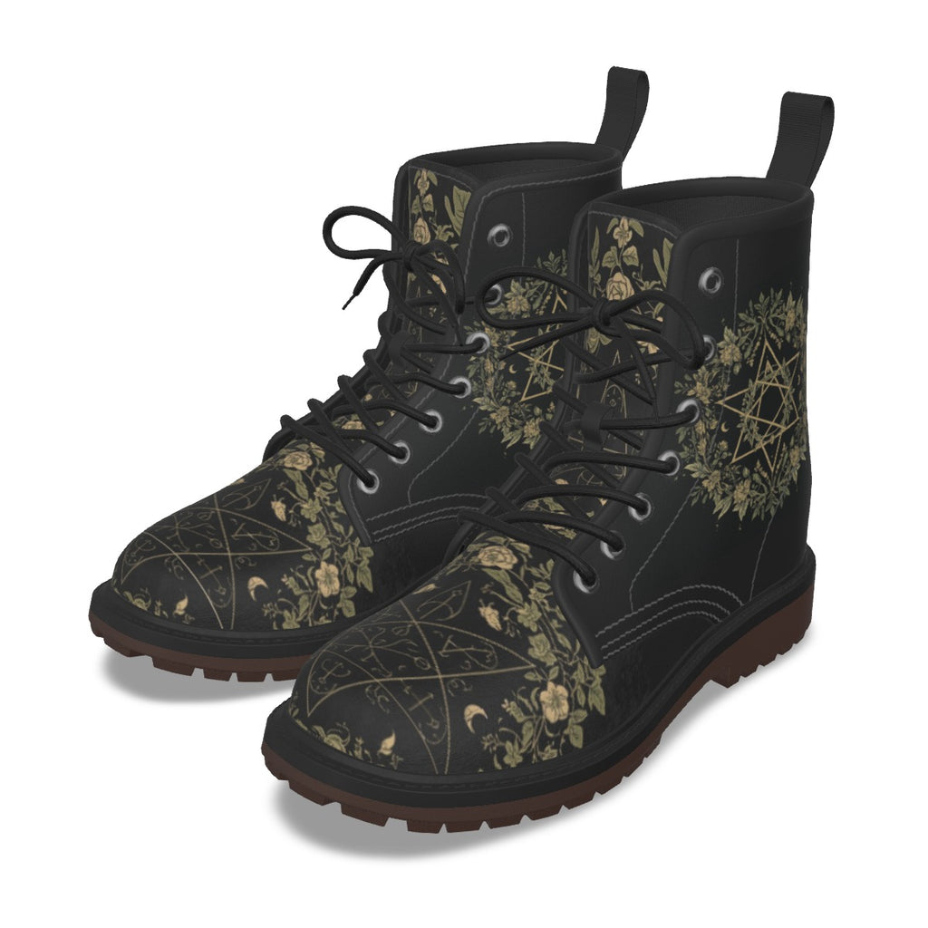 Gotische Stiefel Occult Botanical – wiccańskie Symbole und Flora | Premium-Kunstleder | Witchy Alt Fashion