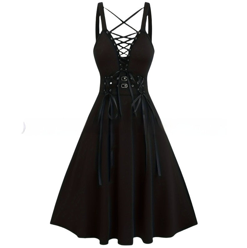 Gotisches Kleid mit Schleifen – Schwarzes Gothic-A-Linien-Kleid mit hoher Taille | Dark Aesthetic Midikleid