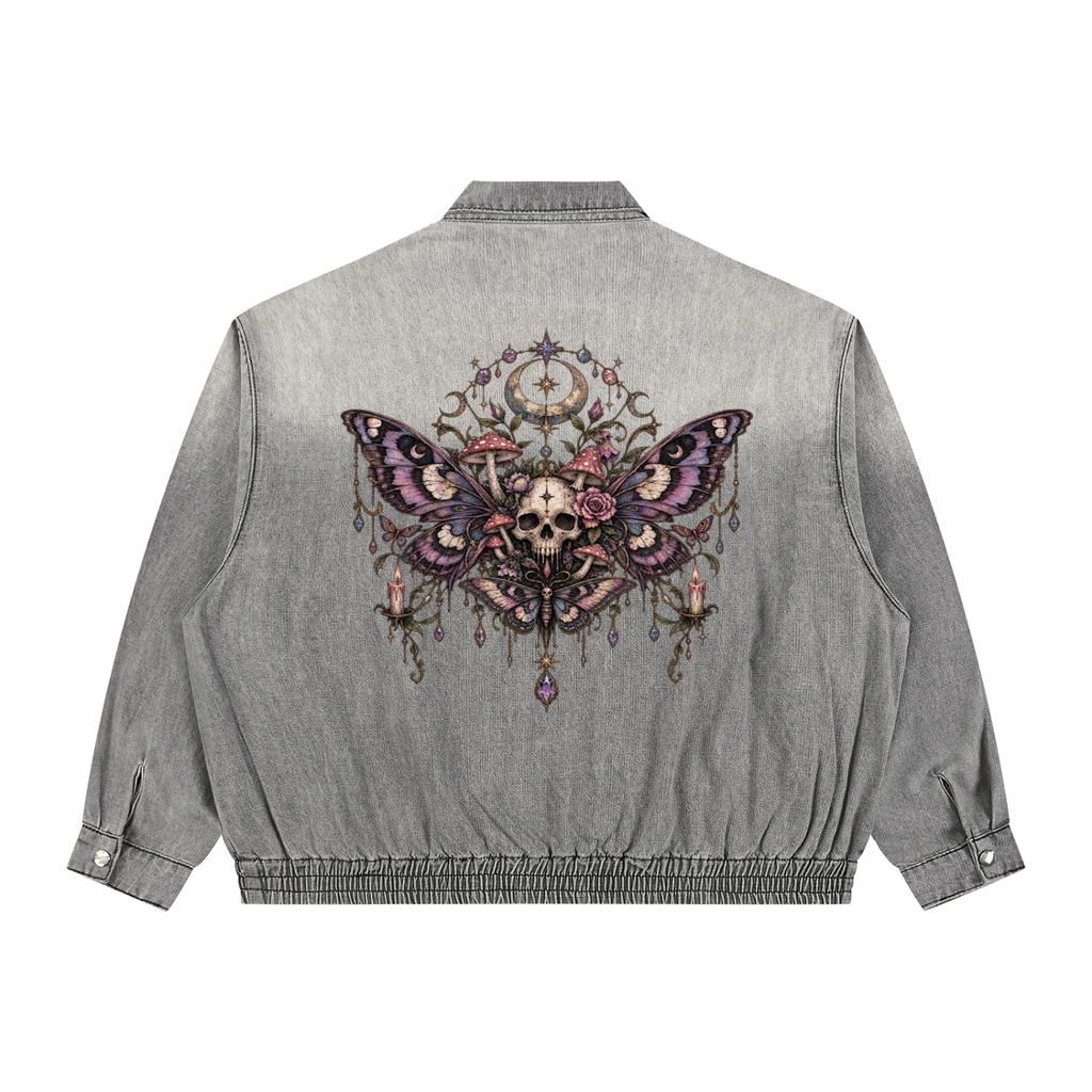Gotische Unisex-Jeansjacke Wicca | Totenkopfschwärmer und Mond | Death Moth Ritual