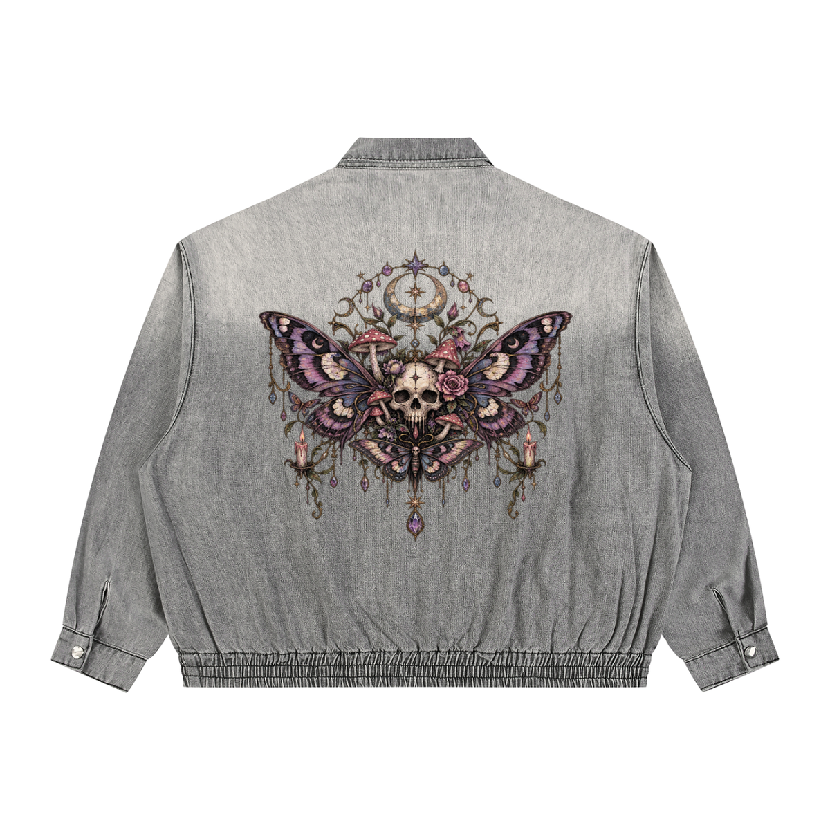 Gotische Unisex-Jeansjacke Wicca | Totenkopfschwärmer und Mond | Death Moth Ritual