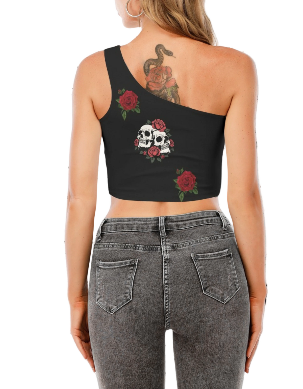 Asymmetrisches Gothic-Top | Crimson Skull Cross One-Shoulder Top | Midnight Requiem