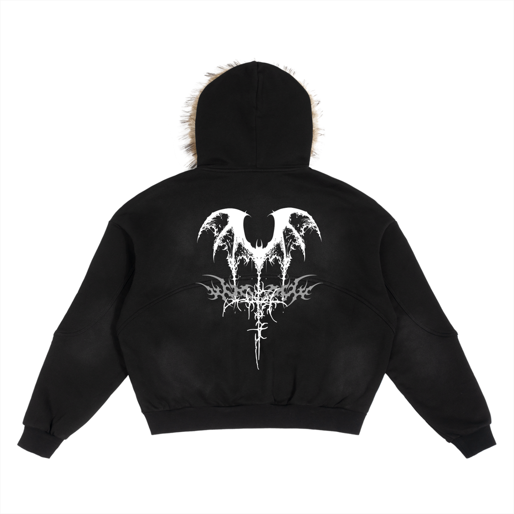 Y2K Gothic Zip Hoodie mit Fellbesatz – Cyber Sigilism | Oversize 360 GSM