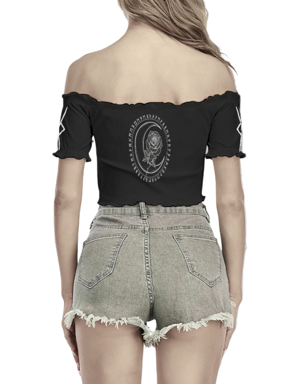 Gotisches schulterfreies Crop-Top | Esoterisches Rosensiegel | Mitternachtsblüte