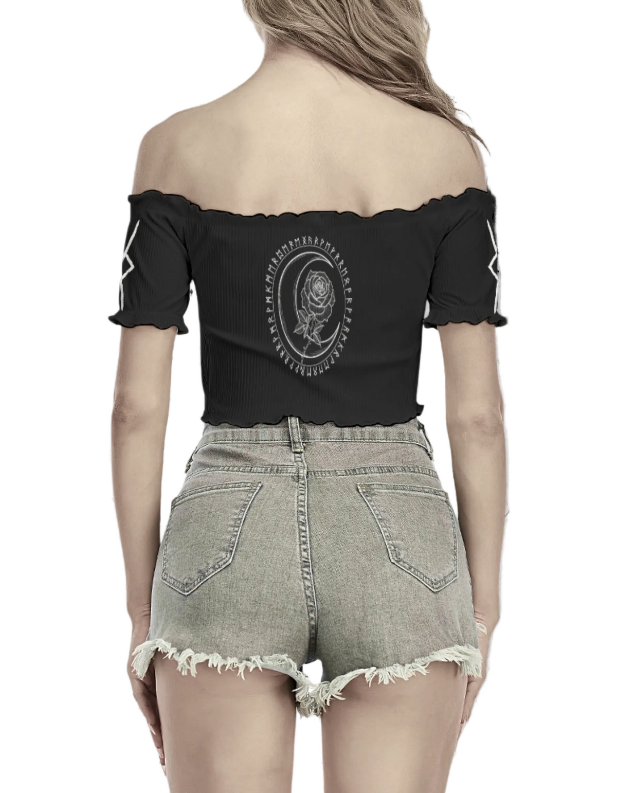 Gotisches schulterfreies Crop-Top | Esoterisches Rosensiegel | Mitternachtsblüte