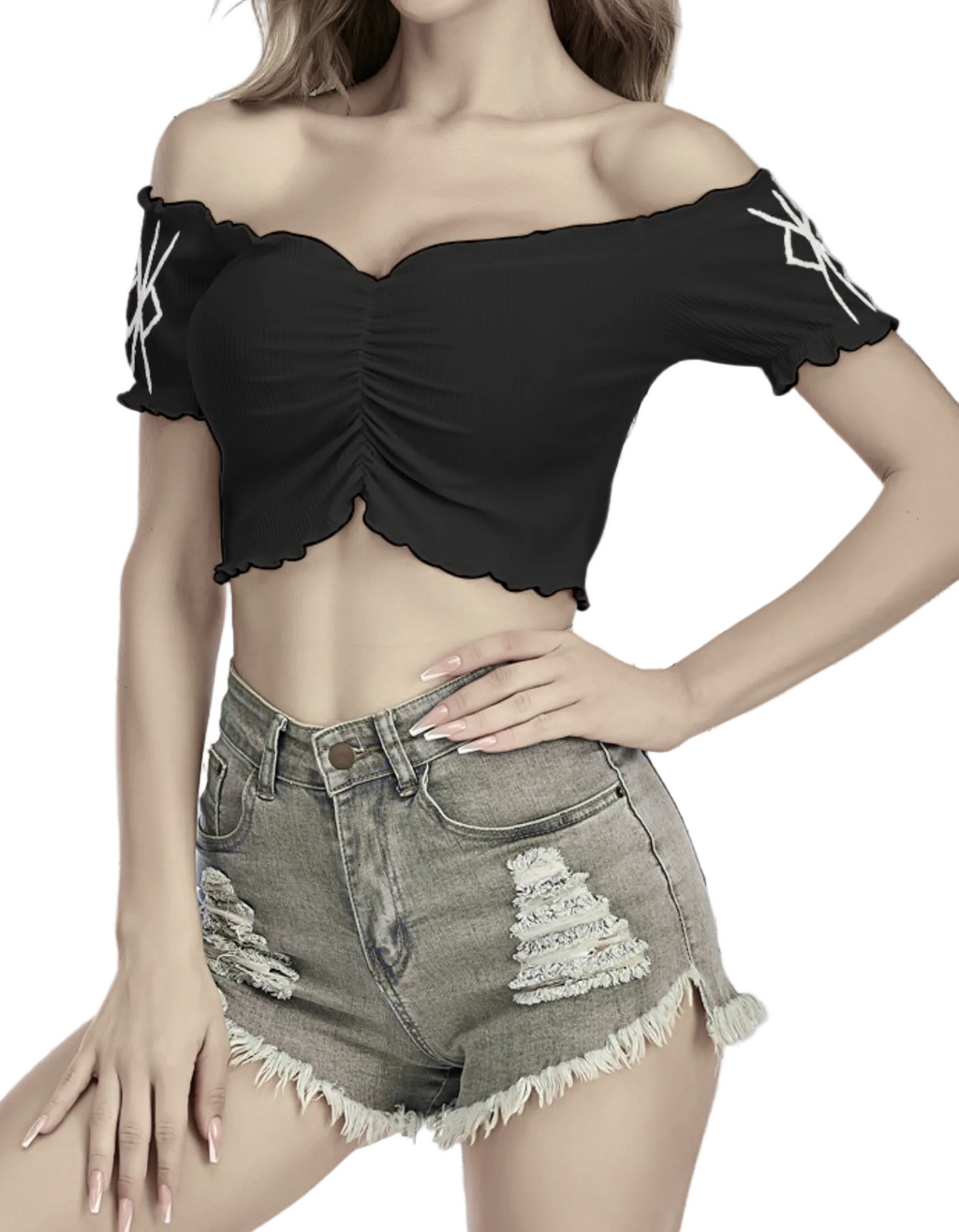 Gotisches schulterfreies Crop-Top | Esoterisches Rosensiegel | Mitternachtsblüte