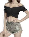 Gotisches schulterfreies Crop-Top | Esoterisches Rosensiegel | Mitternachtsblüte
