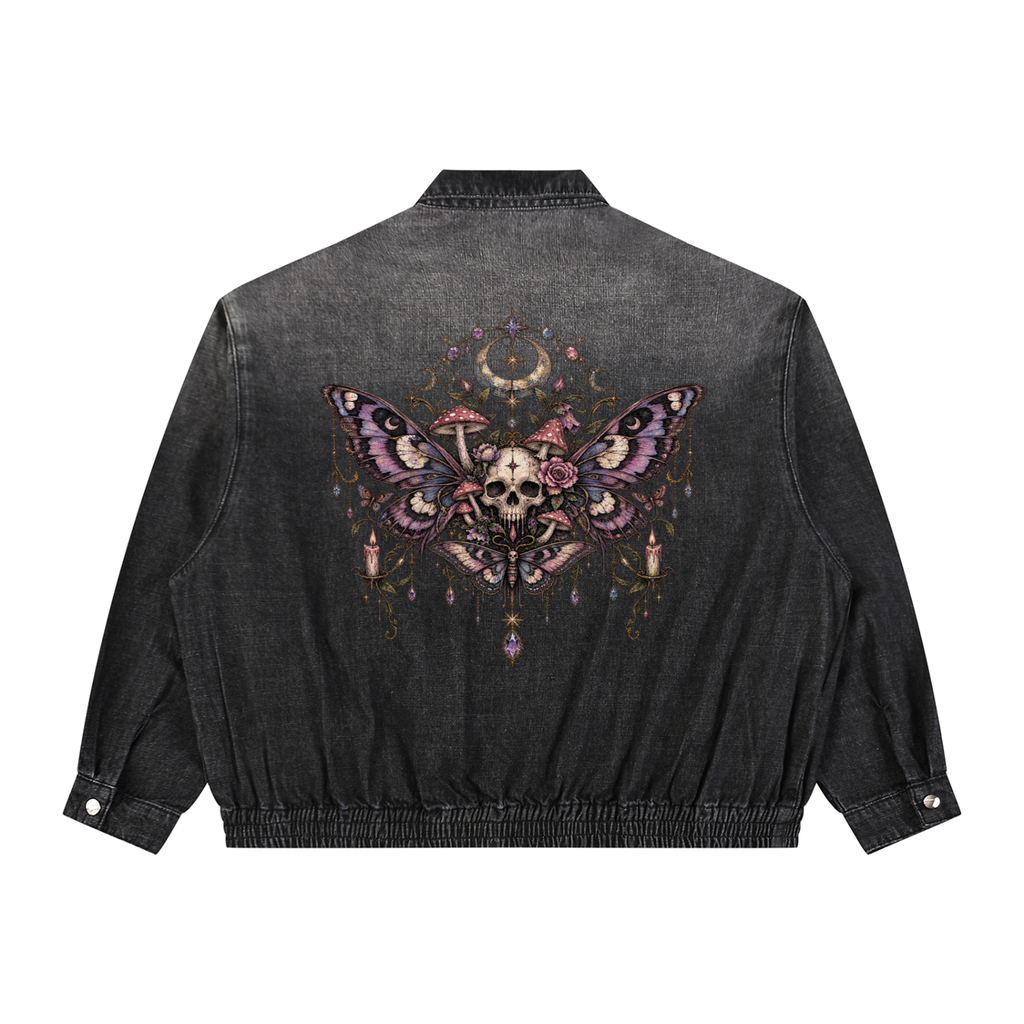Gotische Unisex-Jeansjacke Wicca | Totenkopfschwärmer und Mond | Death Moth Ritual