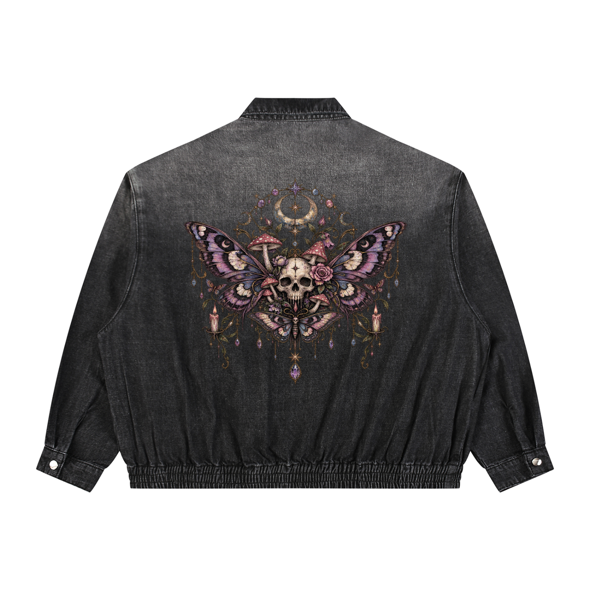 Gotische Unisex-Jeansjacke Wicca | Totenkopfschwärmer und Mond | Death Moth Ritual