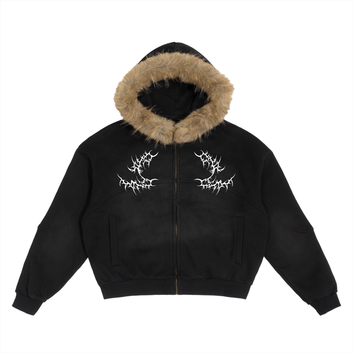 Y2K Gothic Zip Hoodie mit Fellbesatz – Cyber Sigilism | Oversize 360 GSM