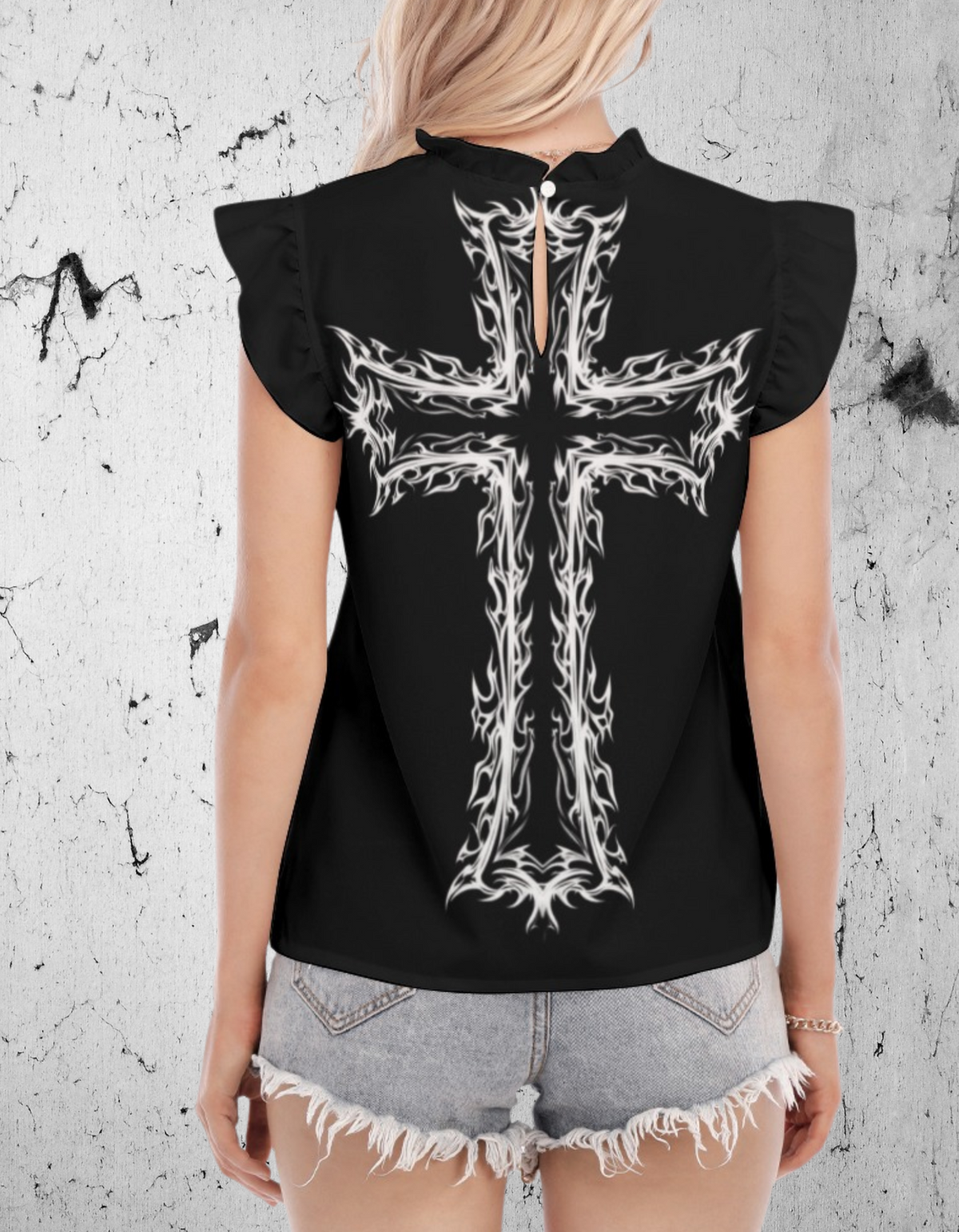 Gotisches Oberteil mit Spitzenärmeln Dark Fire Cross