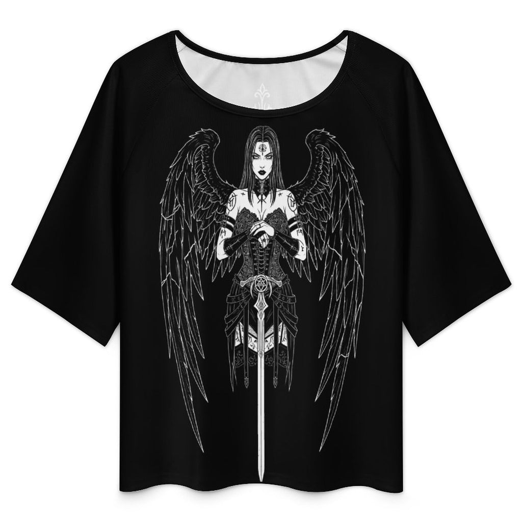 Gotisches Damen-T-Shirt Dark Angel | Okkulter gefallener Engel lockerer Schnitt | Gothic-Oberteil mit U-Boot-Ausschnitt und 3/4-Arm