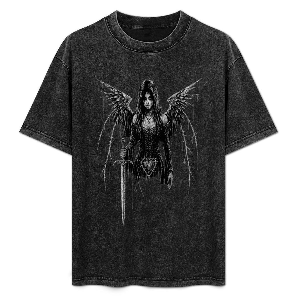 Gotisches Oversize-Shirt Vintage Washed | Dark Fallen Angel | Y2K Goth Washed Tee 190 GSM