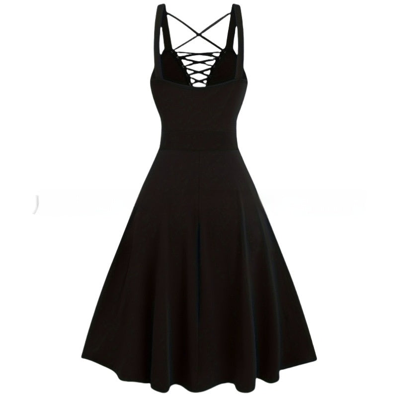 Gotisches Kleid mit Schleifen – Schwarzes Gothic-A-Linien-Kleid mit hoher Taille | Dark Aesthetic Midikleid