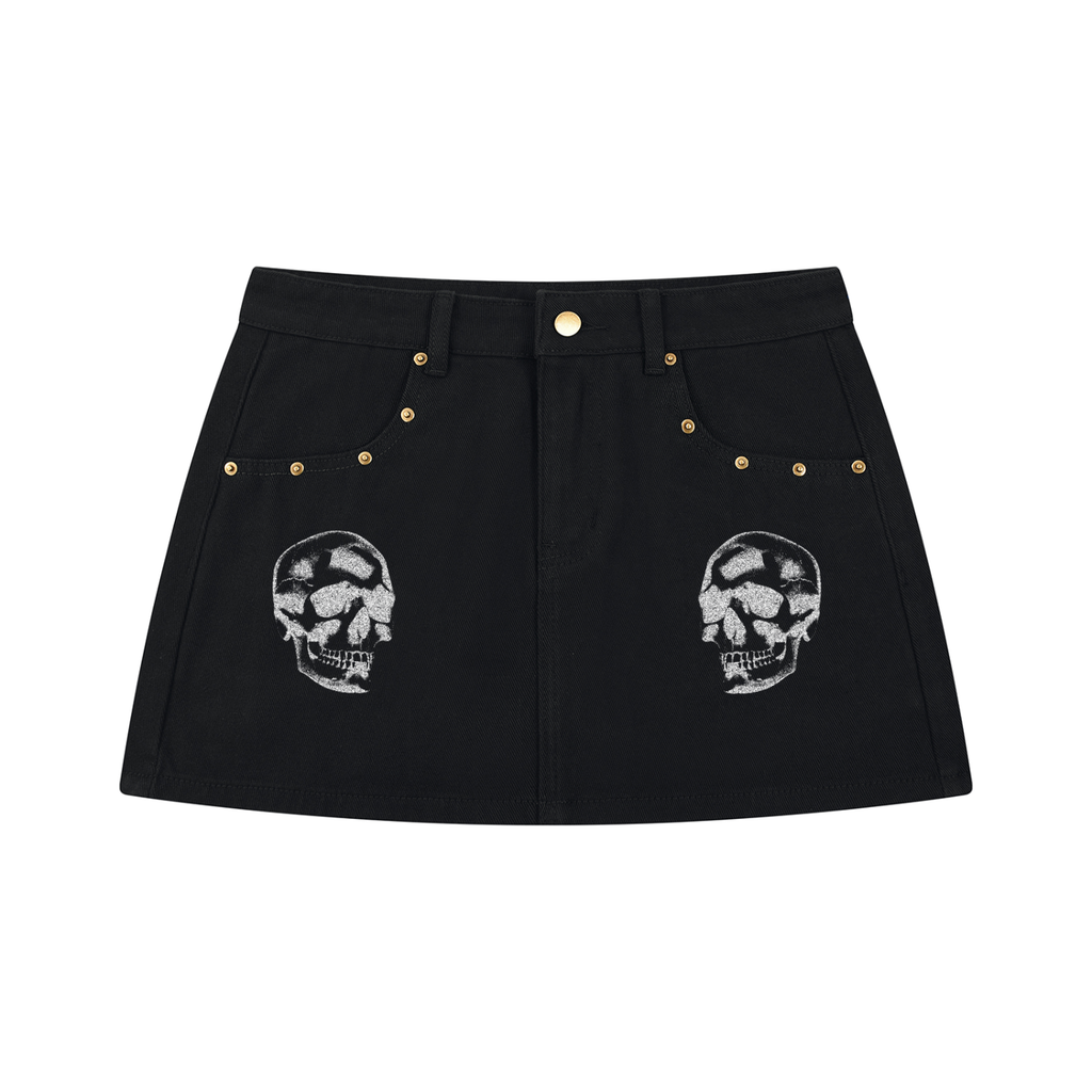 Schwarzer Jeans-Minirock Punk Goth mit Totenköpfen | Skull Rebellion – 390 GSM