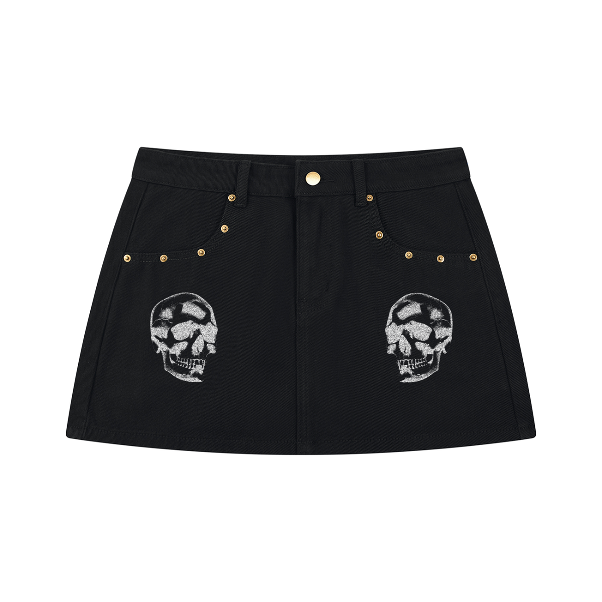 Schwarzer Jeans-Minirock Punk Goth mit Totenköpfen | Skull Rebellion – 390 GSM