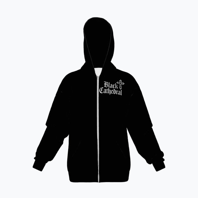 Gotischer Zip-Hoodie | Black Cathedral Death's Moth | Premium-Vollprint 280 GSM