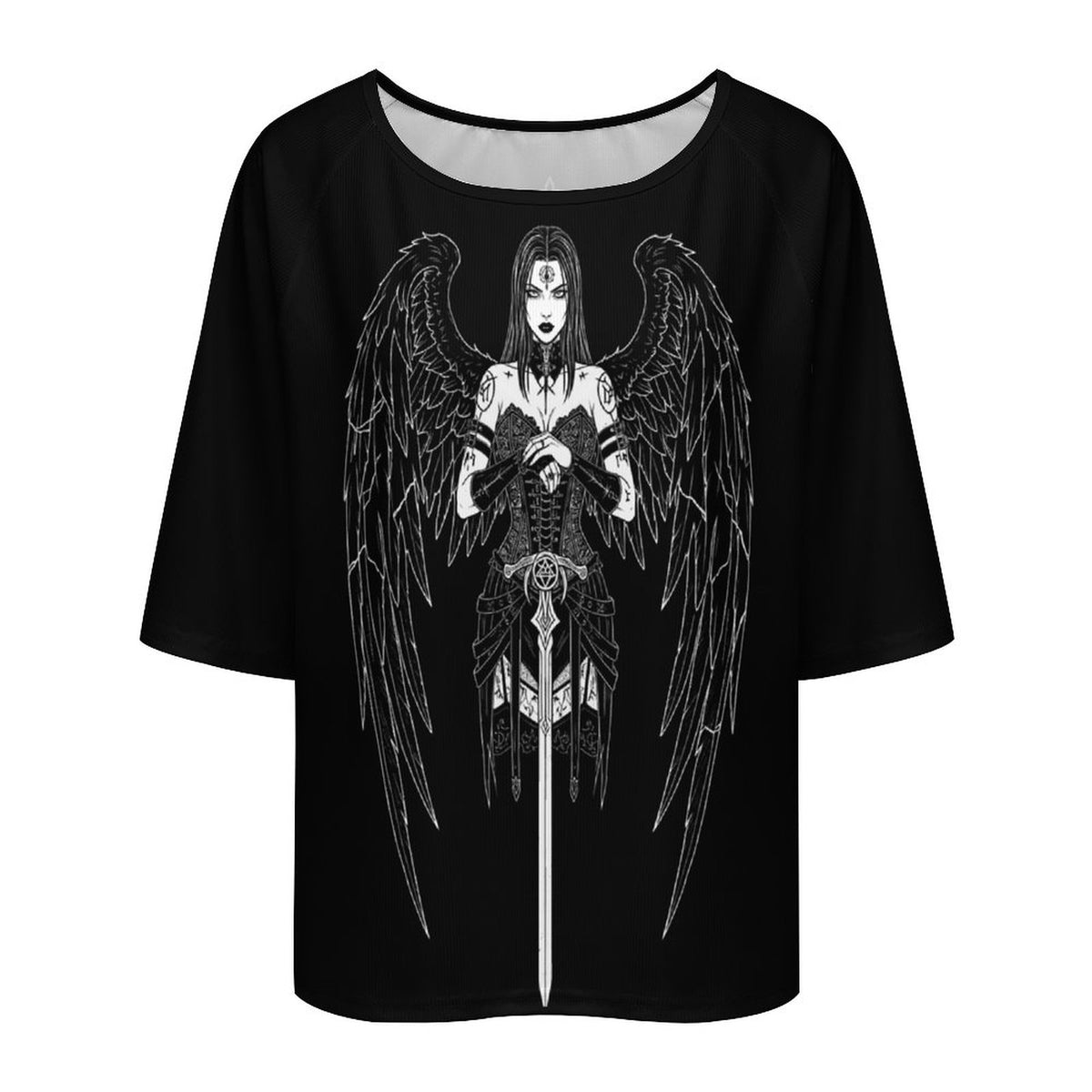 Gotisches Damen-T-Shirt Dark Angel | Okkulter gefallener Engel lockerer Schnitt | Gothic-Oberteil mit U-Boot-Ausschnitt und 3/4-Arm